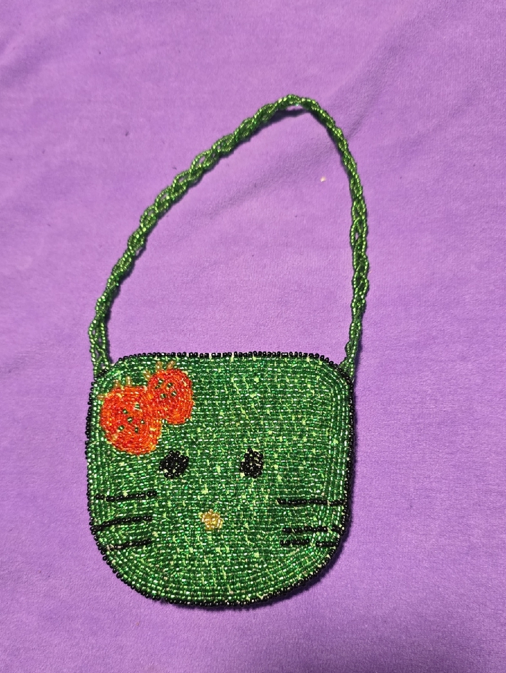Beaded Green Cat Face Coin Purse with Strap